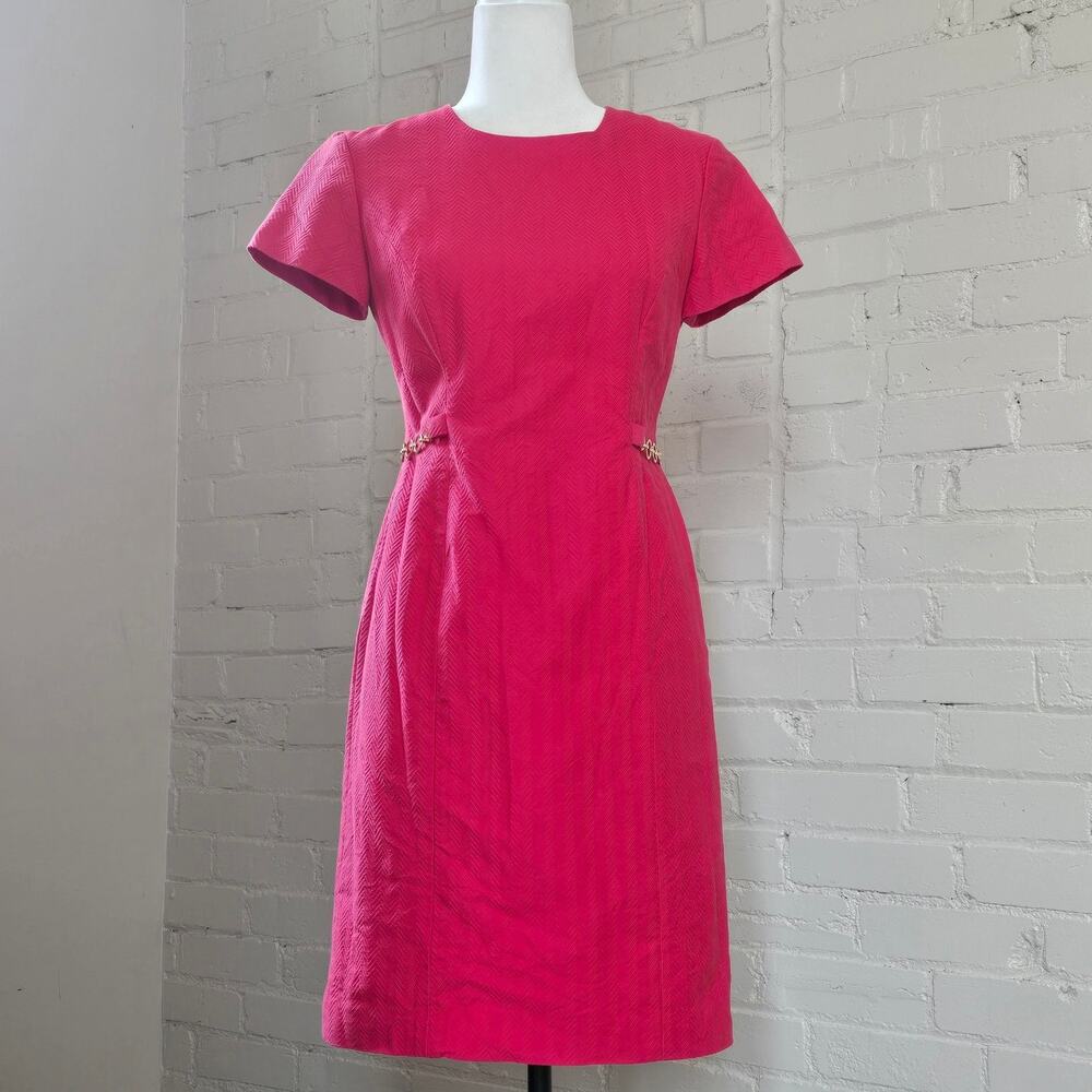 Vintage Talbots Petites Coral Pink Cotton Silk Jacquard Sheath Dress Gold Chains